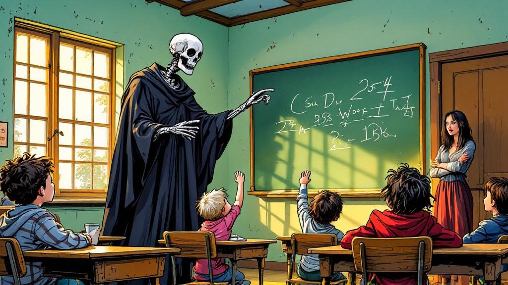 A classroom of young children listening wide-eyed to a tall skeletal figure in a black robe gesturing at a chalkboard