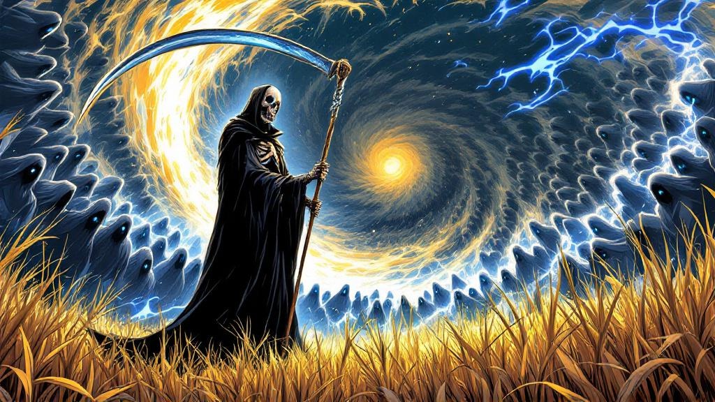 Death standing tall with his scythe against a swirling mass of grey formless Auditors, blue light crackling between them