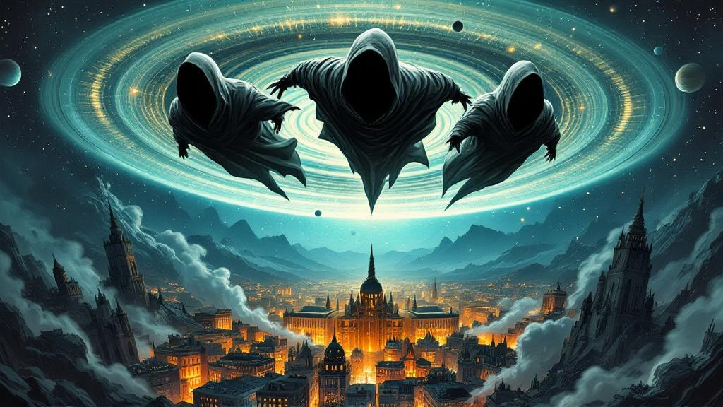 Grey hooded figures floating above a cosmic landscape of perfectly ordered stars and planets