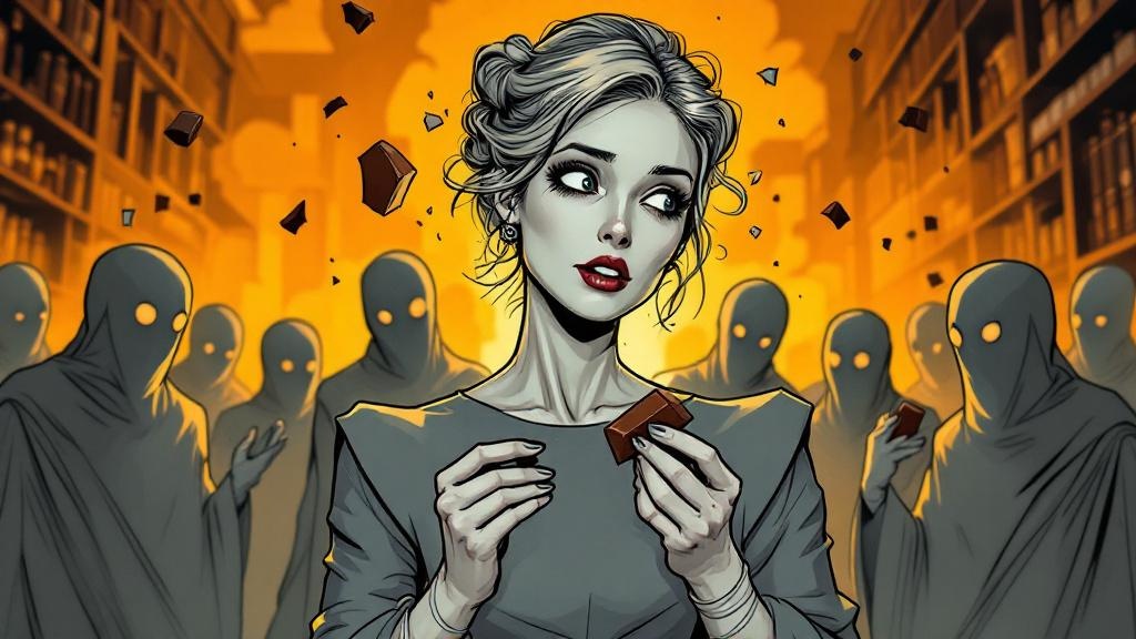 An elegant woman in grey staring in bewilderment at a piece of chocolate, her ordered expression cracking with unexpected delight