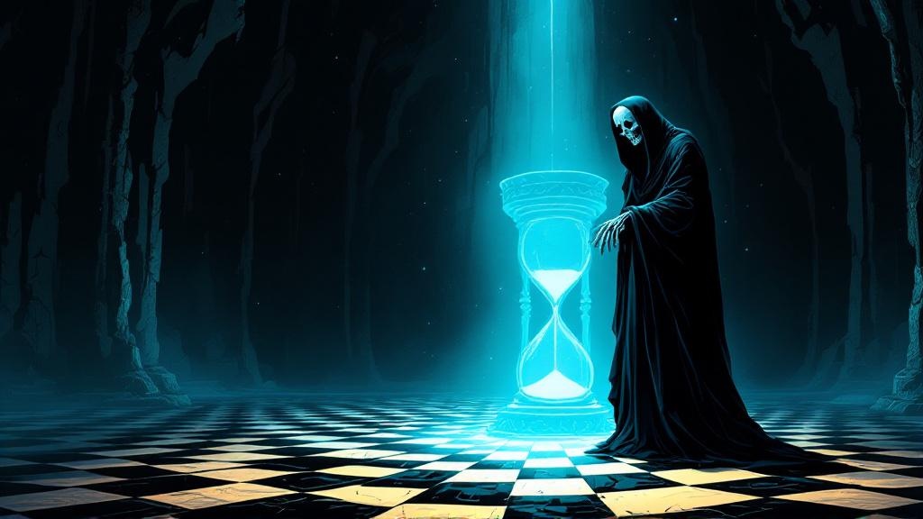 Death standing in darkness, staring down at an hourglass with sand pooled at the bottom