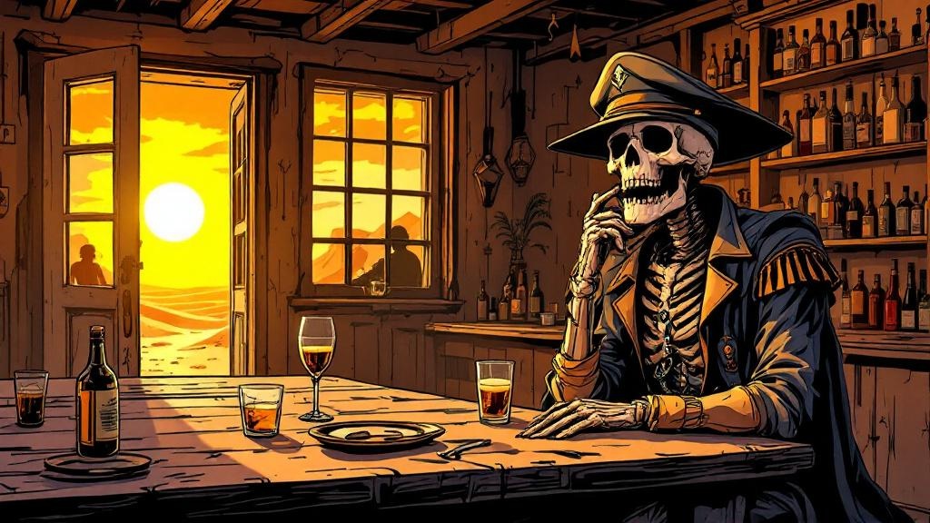 A skeletal figure in Foreign Legion uniform sitting alone at a desert bar surrounded by empty glasses