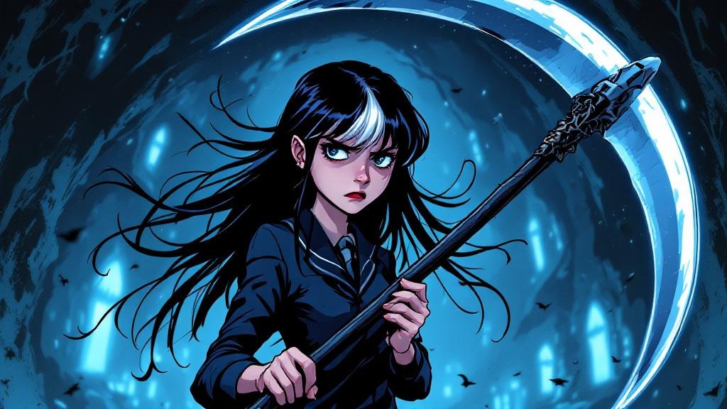 A young woman with a white streak in dark hair holding a scythe awkwardly, looking annoyed