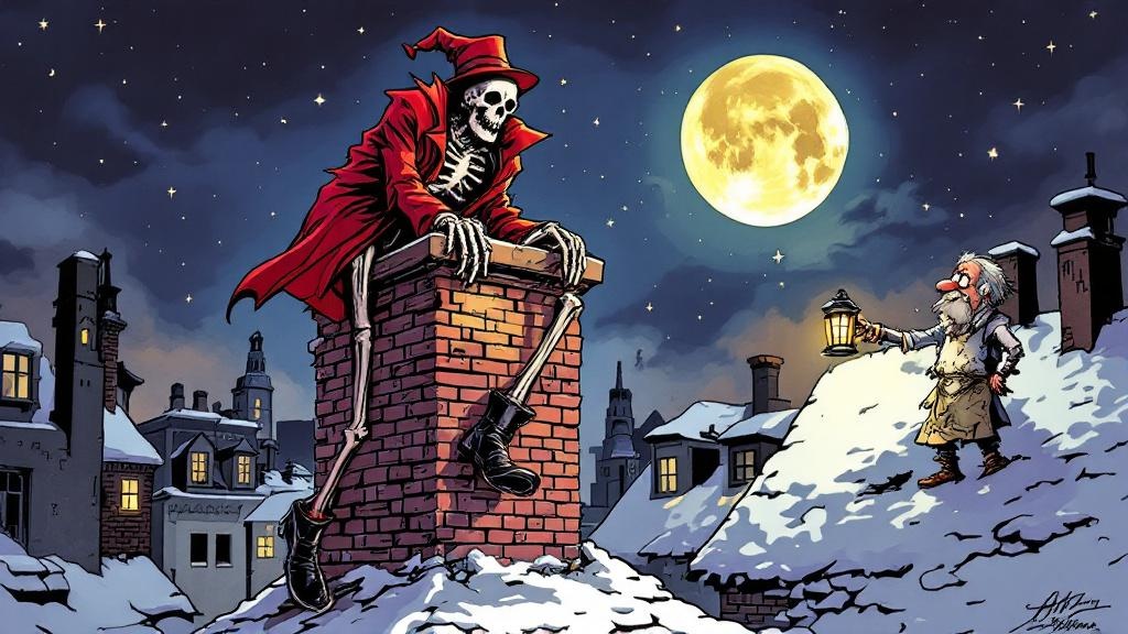 Death wedged halfway down a brick chimney with his legs sticking out the top, Albert peering down at him from the rooftop