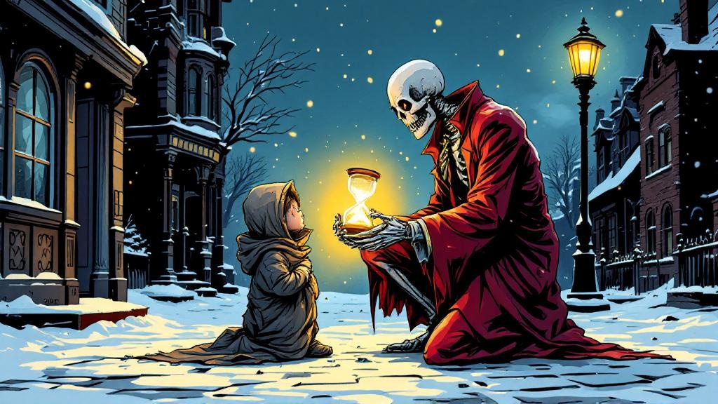Death kneeling in snowy street beside a small huddled figure, gently holding a glowing hourglass while snowflakes swirl around them