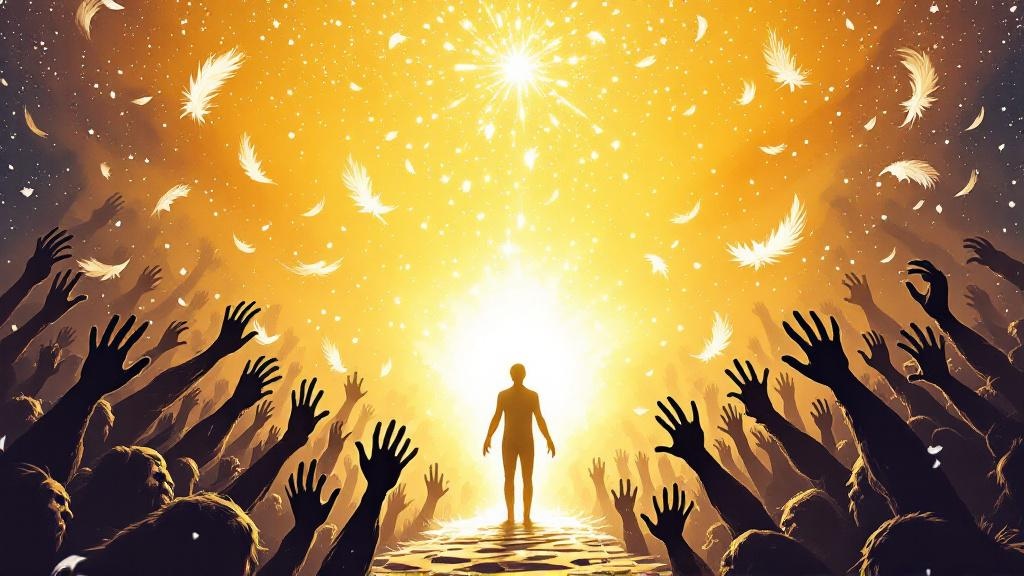 A luminous human figure caught between descending angelic feathers and ascending ape-like shadows