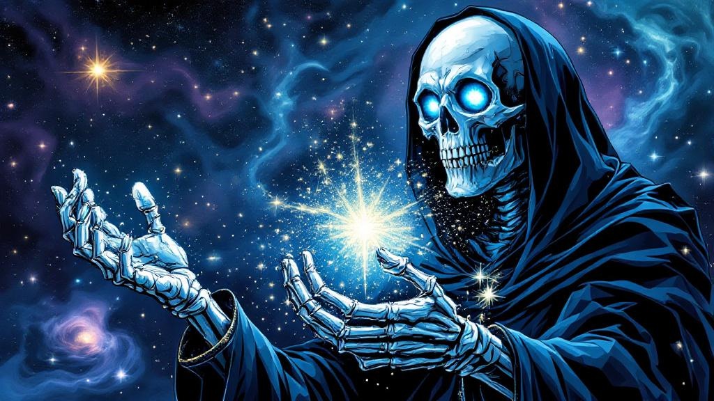 Death holding cosmic dust between skeletal fingers while scales of justice crumble in the background