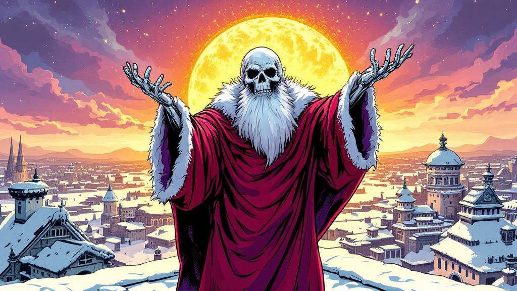Death in Hogfather robes standing before a rising sun over the Discworld