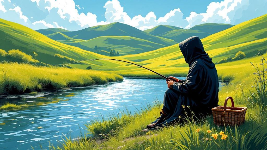 Death sitting on a riverbank with a fishing rod, wearing a straw hat, looking absurdly content while fish float belly-up around him