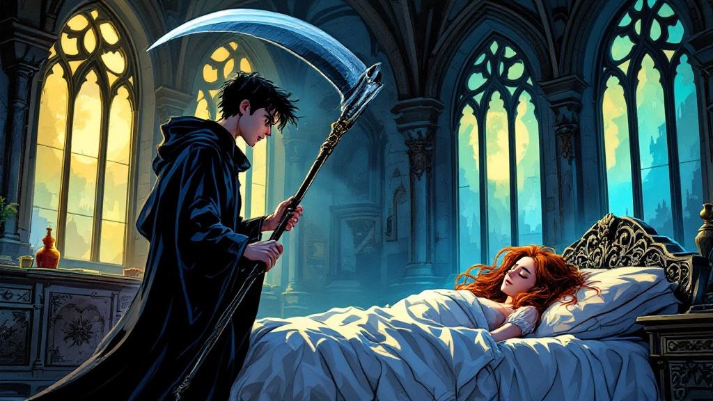 Mort standing in a moonlit palace chamber, scythe in hand, looking torn as a young princess sleeps peacefully