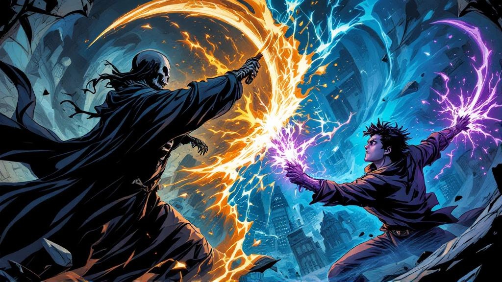 Two figures dueling with glowing scythes in a swirling void between two realities, one skeletal and one human but with glowing blue eyes