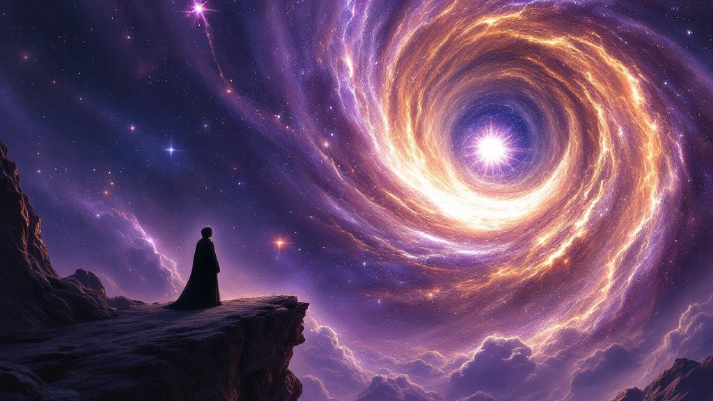 A small skeletal figure standing before an incomprehensibly vast cosmic entity made of galaxies