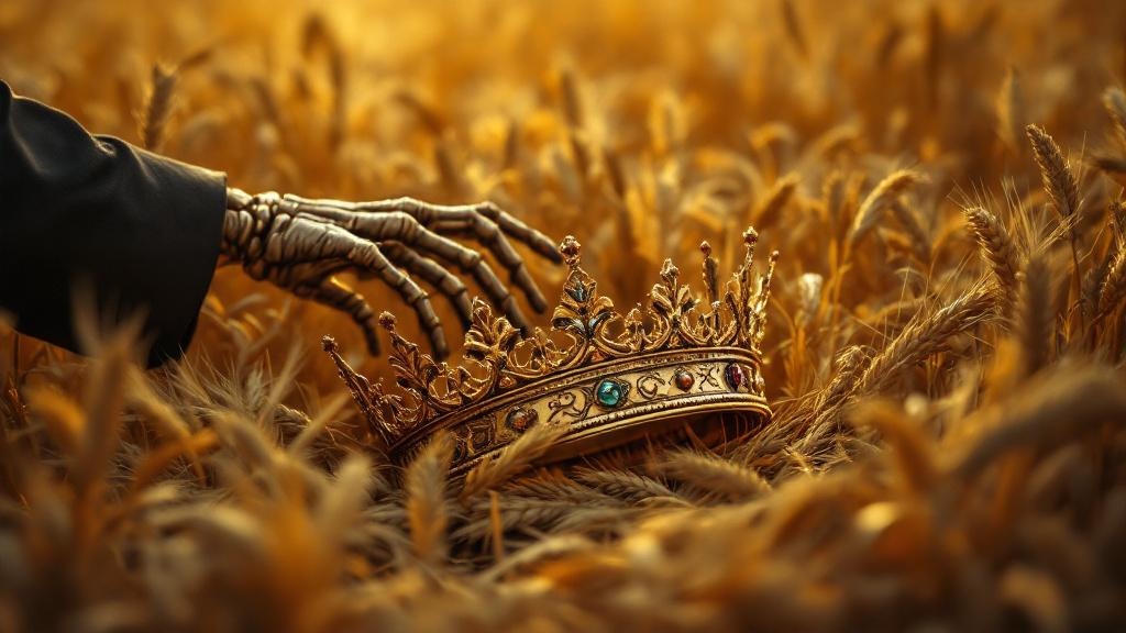 A golden crown lying rejected in a wheat field, with a skeletal hand reaching toward grain