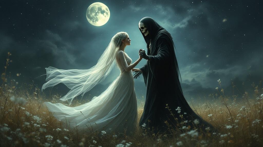 An elderly woman in a ghostly white bridal veil dancing with Death in moonlight