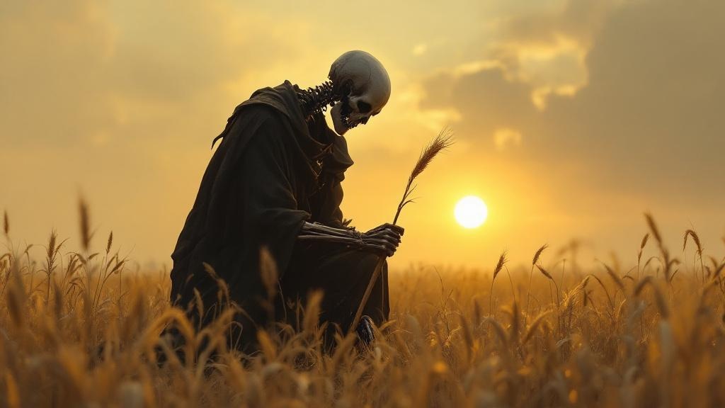 A skeletal figure in dark robes carefully cutting a single blade of grass in a golden wheat field at sunset