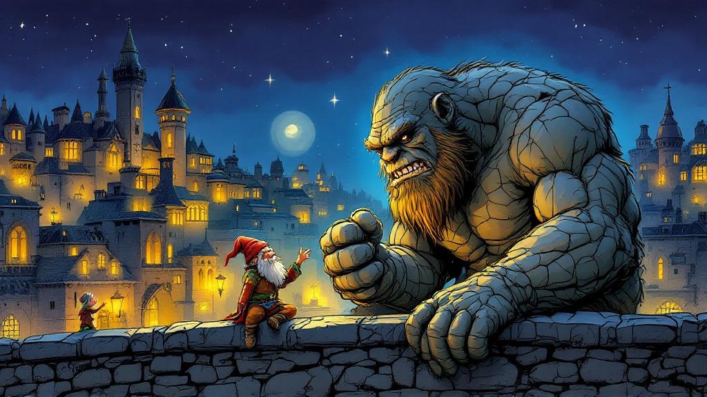 A small dwarf enthusiastically teaching a massive troll to count using his stone fingers, both of them sitting on a city wall at night with Ankh-Morpork's lights behind them