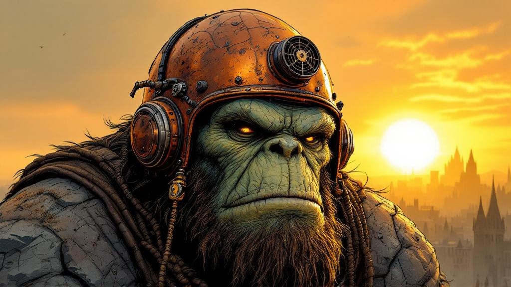 Close-up of a weathered cooling helmet on a troll's head, the metal battered but still humming with a small fan, a tiny dwarf-sized wrench mark visible on one panel