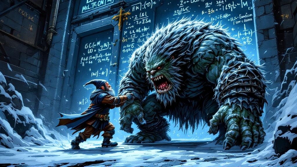 A small dwarf desperately dragging an enormous troll toward a warehouse door, frost coating both of them, while complex mathematical equations glow faintly on the walls behind them