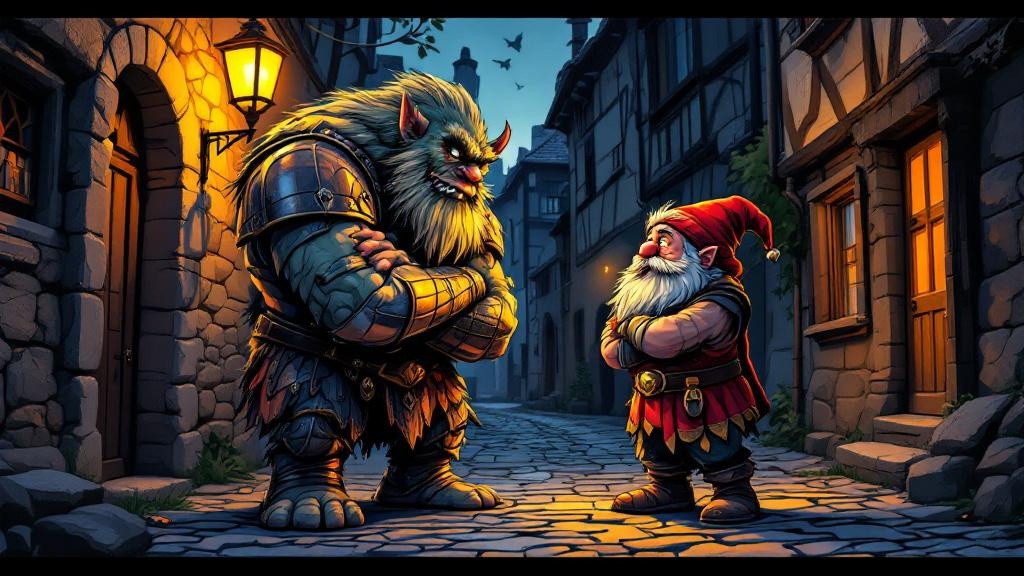 A massive troll in ill-fitting Watch armor glaring down at a small bearded dwarf in equally ill-fitting armor, both standing with arms crossed in a narrow Ankh-Morpork alley