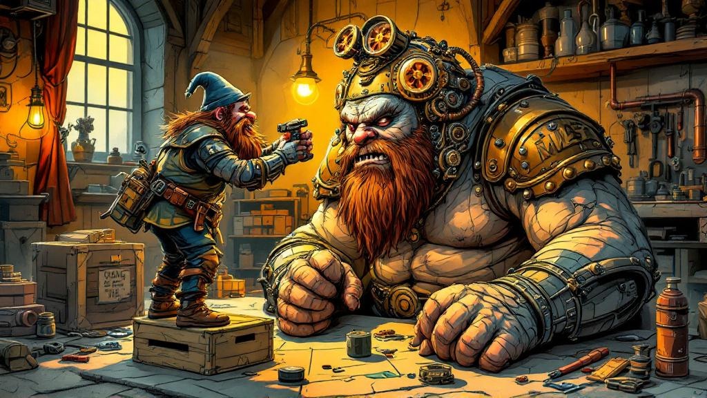 A small dwarf carefully fitting a clockwork device with tiny fans onto the head of a grateful-looking troll, both in City Watch uniforms