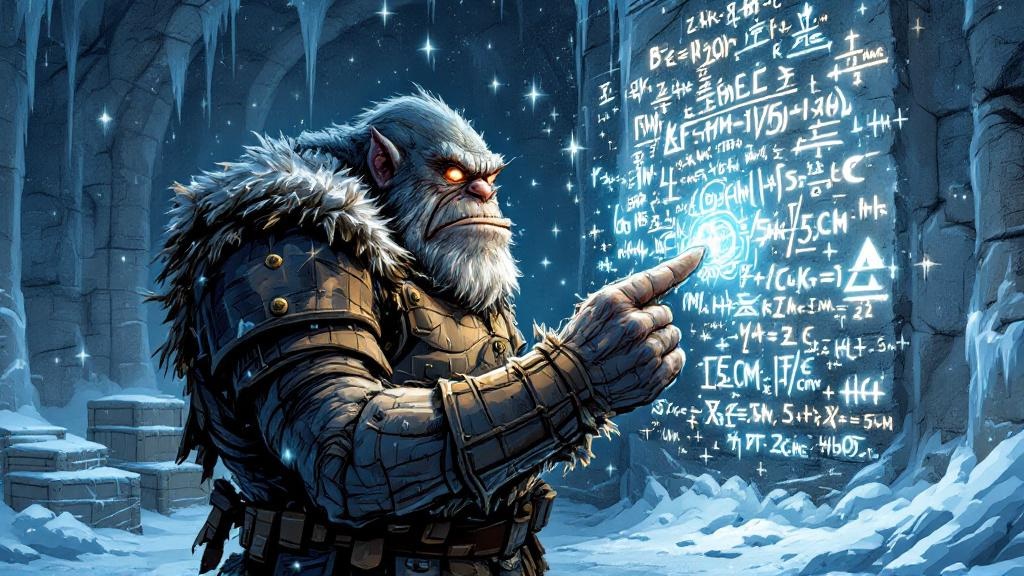 A massive troll scratching glowing mathematical equations into frost-covered warehouse walls, surrounded by swirling frost and ethereal light
