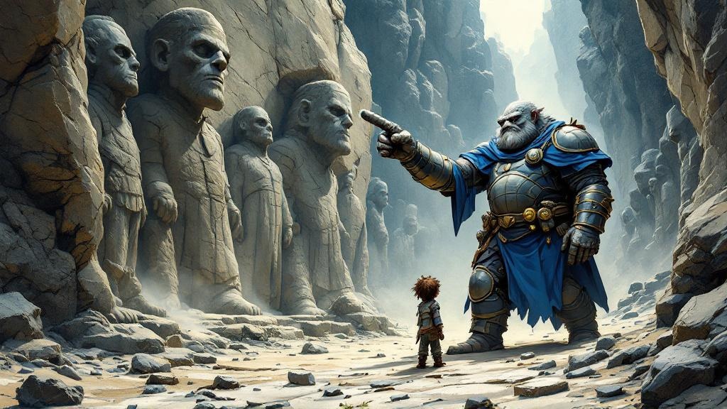 A massive troll in Watch armor pointing solemnly at ancient stone statues while a younger, scruffier troll looks up with dawning understanding