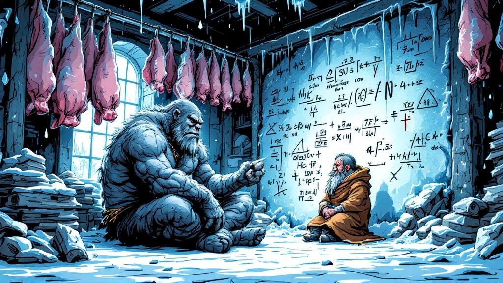 Detritus and a small dwarf trapped in a freezing warehouse, the troll scratching complex equations on the wall while the dwarf shivers