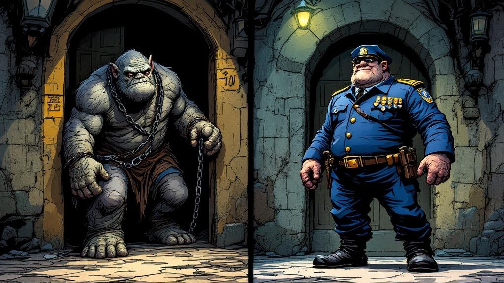 Split image showing a massive troll chained to a pub doorway in chains versus the same troll standing proud in City Watch armor with sergeant stripes