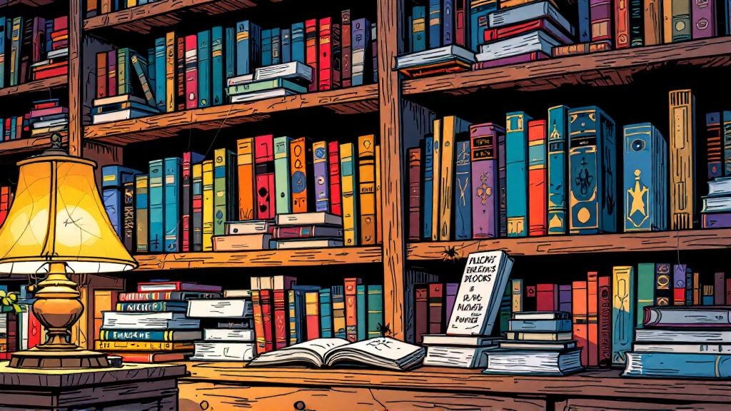 A cozy bookshelf with well-loved Discworld paperbacks, some pulled forward and others tucked away in shadow