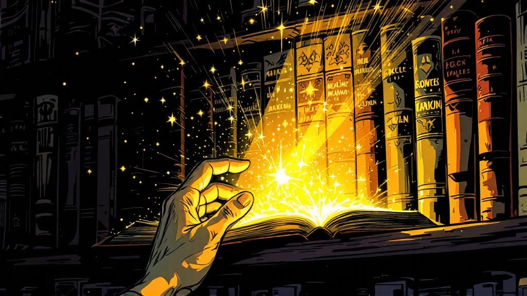 A reader's hand pulling a glowing book from a shadowy shelf full of ordinary volumes