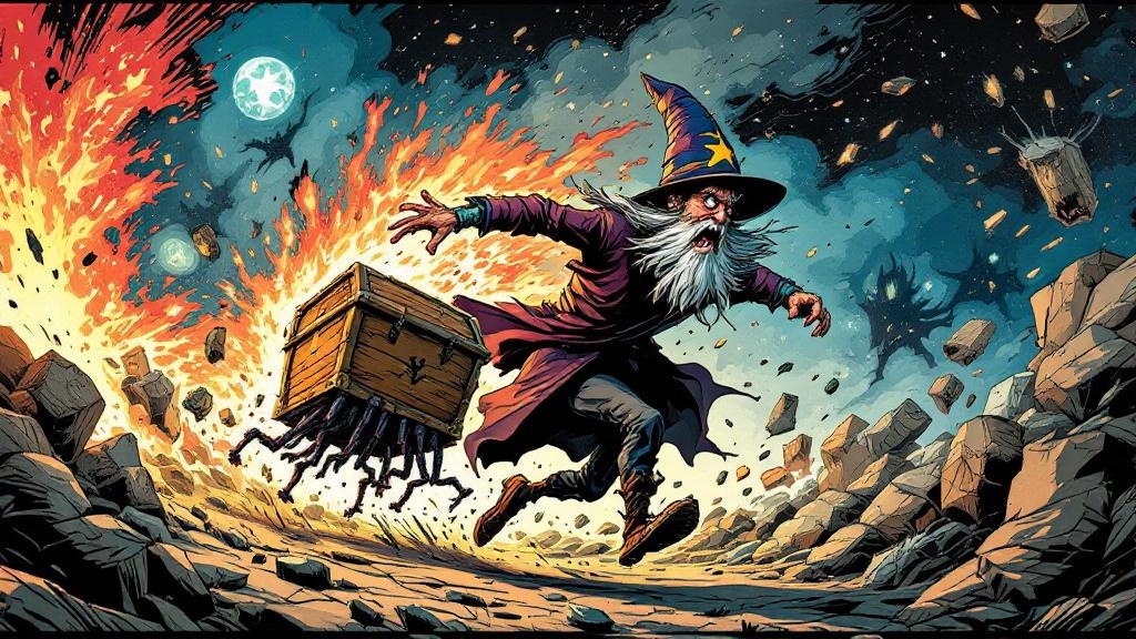 Rincewind the wizard sprinting through a chaotic magical landscape with the Luggage bounding after him
