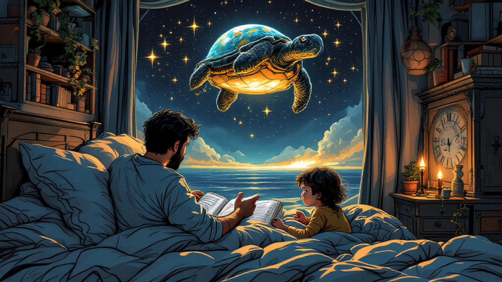 A parent and child reading together in bed by candlelight, while a tiny turtle carrying four elephants and a flat world floats above the open book
