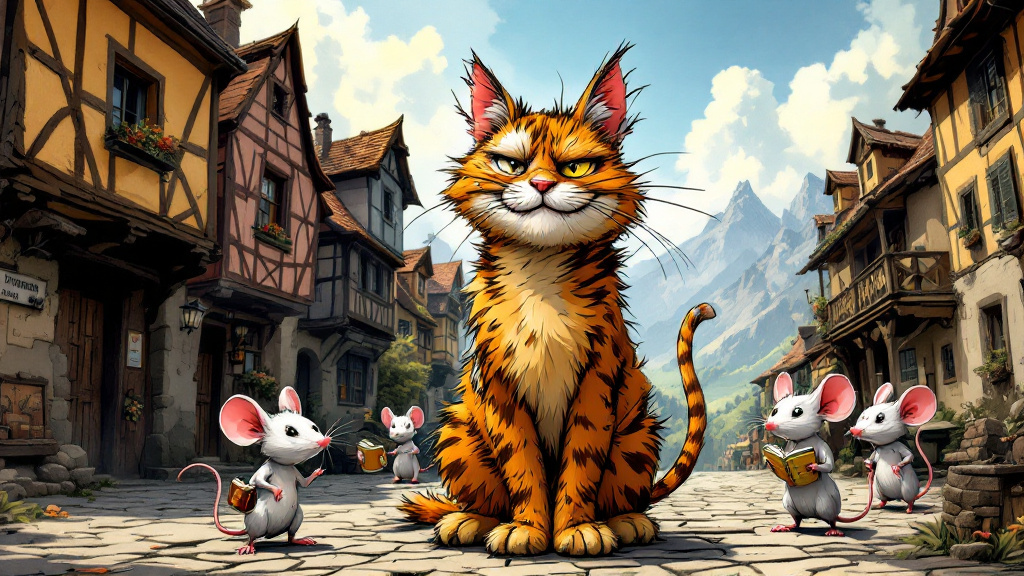 A scruffy ginger cat with a sly grin standing on a cobbled street, with a group of rats behind him, one of them reading a small book