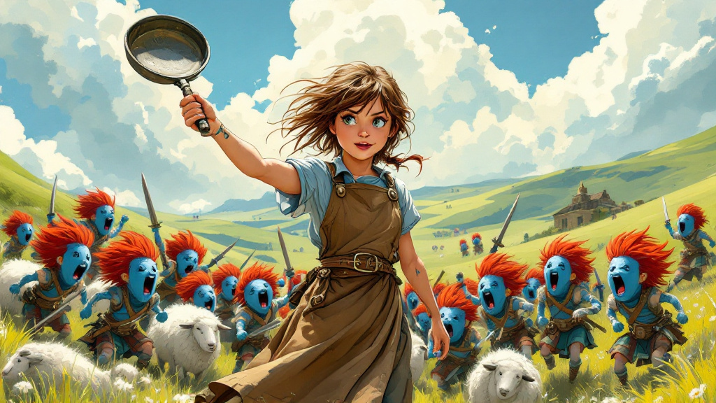 A nine-year-old girl with a frying pan standing on chalk downland, surrounded by tiny blue-skinned, red-haired warriors in kilts