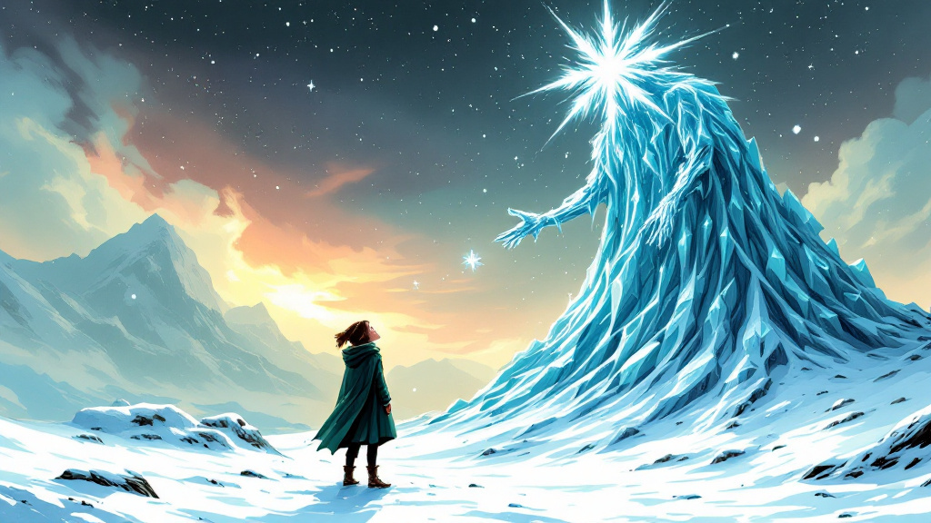 A teenage girl in a dark cloak on a snowy hillside, as a towering figure made of ice and swirling snow looms over her