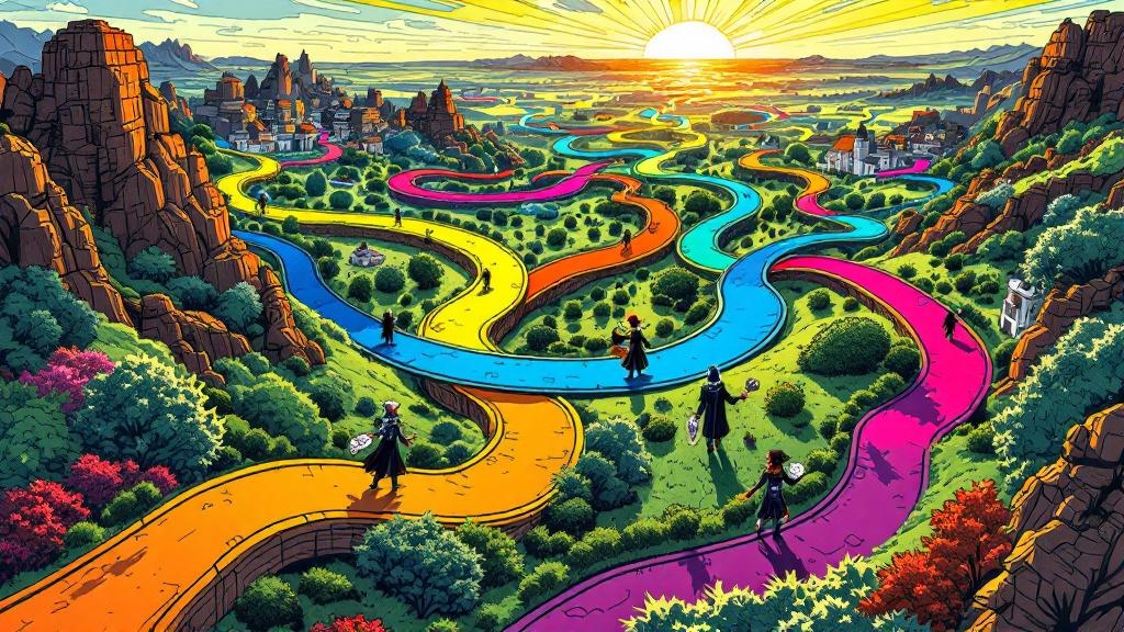 Colorful paths diverging and reconnecting through a fantastical landscape