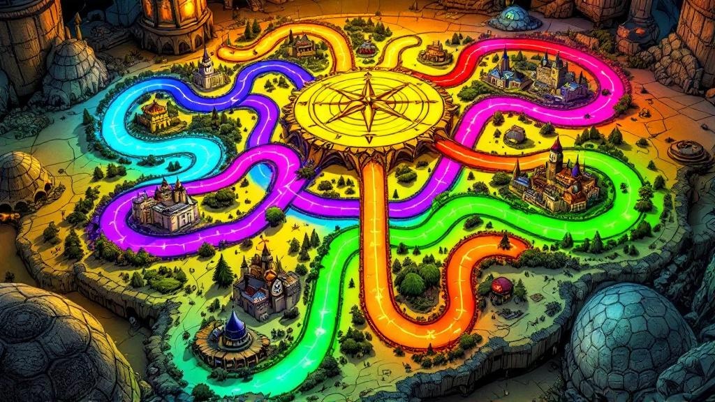 A colorful representation of the Discworld reading order paths branching from a central point