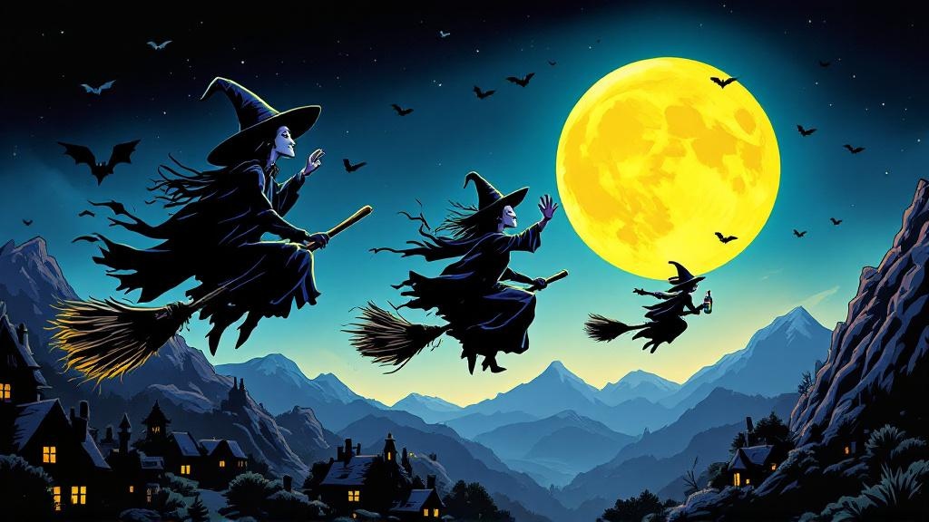 Three witches on broomsticks flying across the Disc's moonlit sky