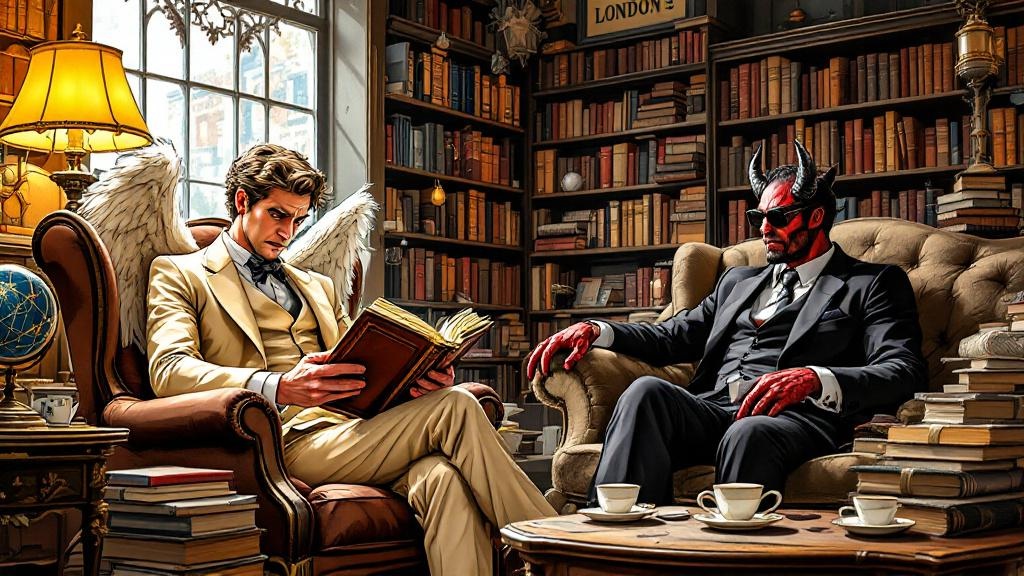 An angel and a demon sitting in a cozy London bookshop, looking worried while reading a prophecy book