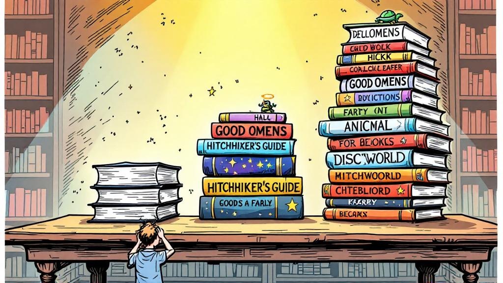 Three stacks of books of dramatically different heights representing the series lengths