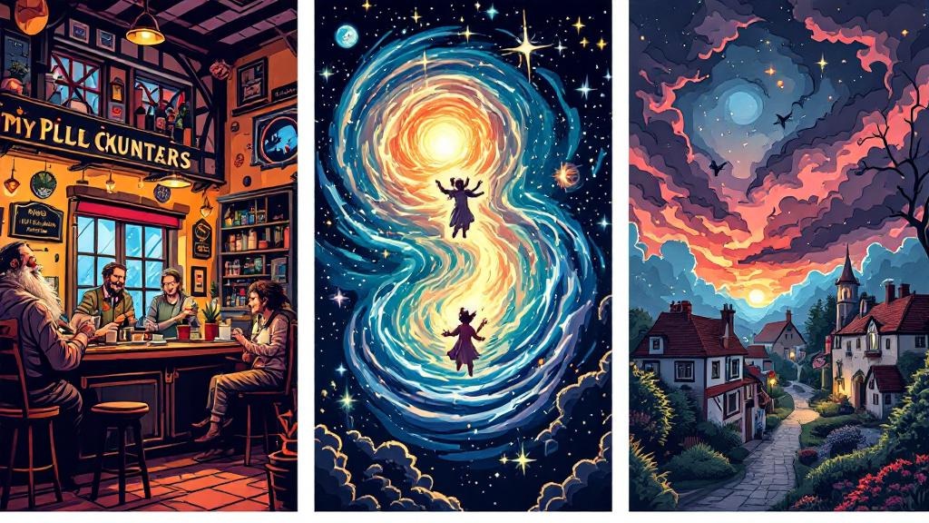 Three contrasting scenes representing different comedy styles: a warm pub, a cosmic void, and an apocalyptic tea party