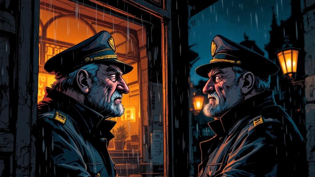 Fred Colon staring at his own reflection in a dark pub window, looking uncertain for the first time