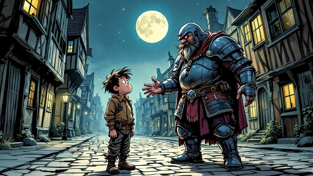 Nobby Nobbs looking genuinely confused while Fred Colon gestures emphatically on a moonlit patrol