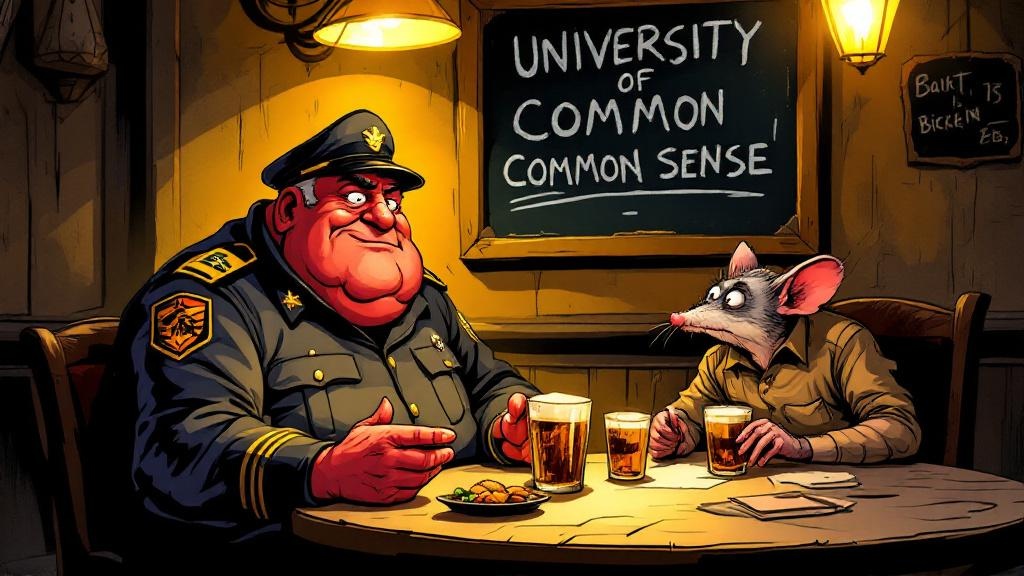 Fred Colon holding court in a dimly lit pub, gesturing confidently while a bored Nobby Nobbs picks at his drink