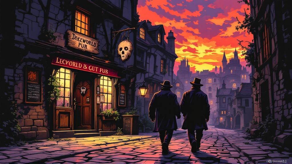 Fred and Nobby walking past a pub called The Klatchian's Head at dusk, pointedly not going in