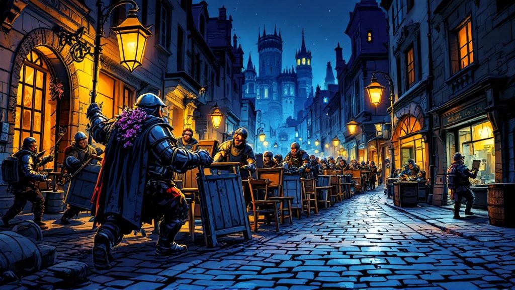 Fred Colon and fellow watchmen dragging furniture to extend a barricade by lamplight, the streets of Ankh-Morpork stretching out behind them