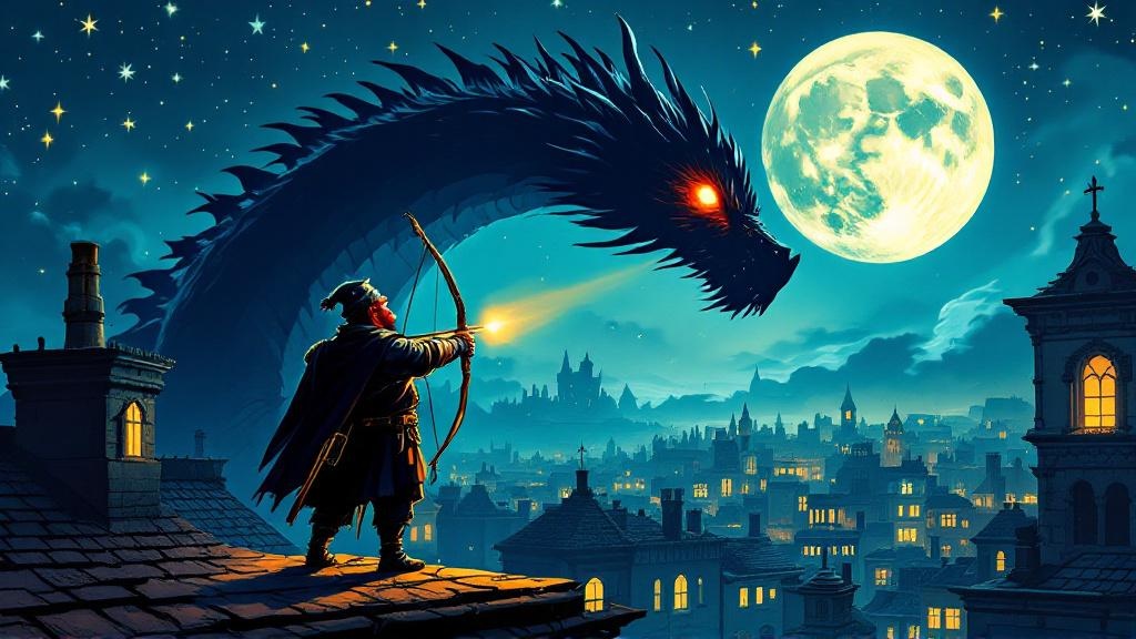 Fred Colon on a moonlit rooftop, hands trembling as he draws a bow aimed at a massive dragon silhouetted against the sky