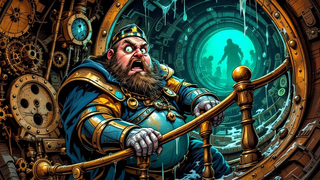 Fred Colon gripping a brass railing inside a cramped steampunk submarine, eyes wide with terror as water leaks through rivets
