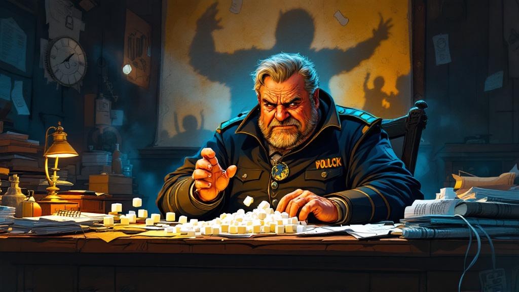 Fred Colon at a desk obsessively counting sugar cubes, surrounded by scattered papers and looming shadows