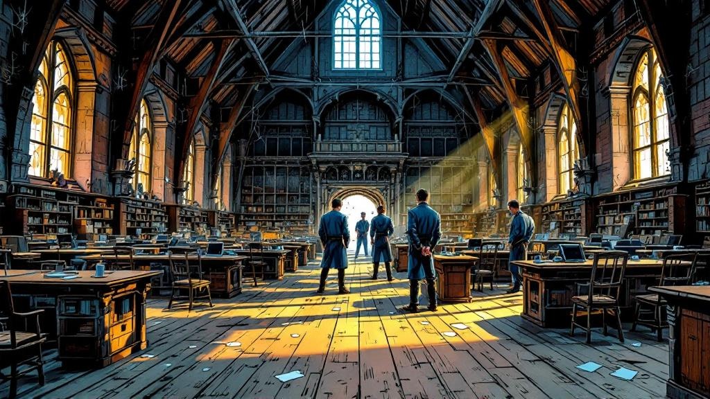 An empty Watch House with abandoned desks and chairs, only five worried officers remaining